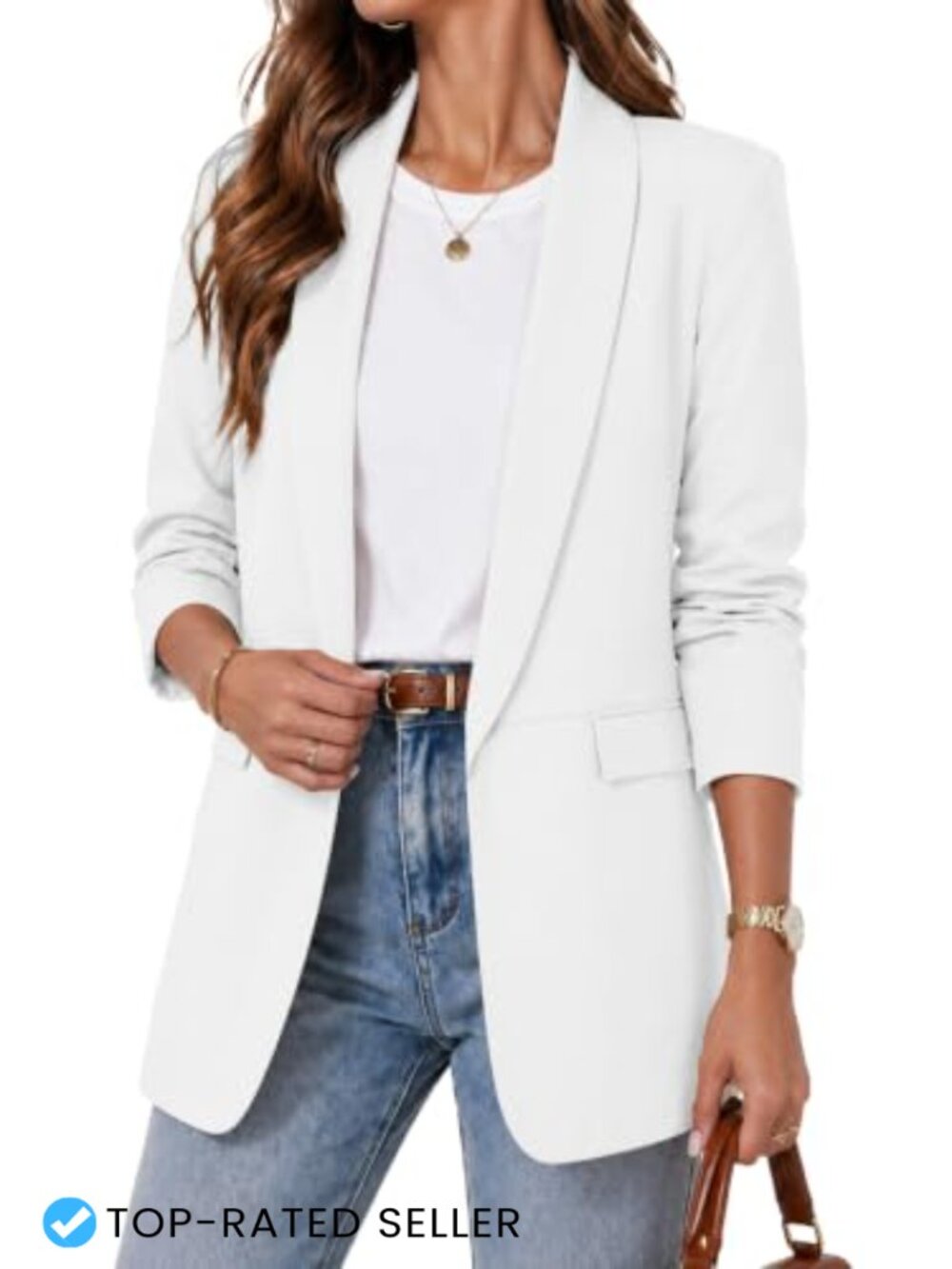 Womens Open Front Ruched 3/4 Sleeve Blazer Business Casual